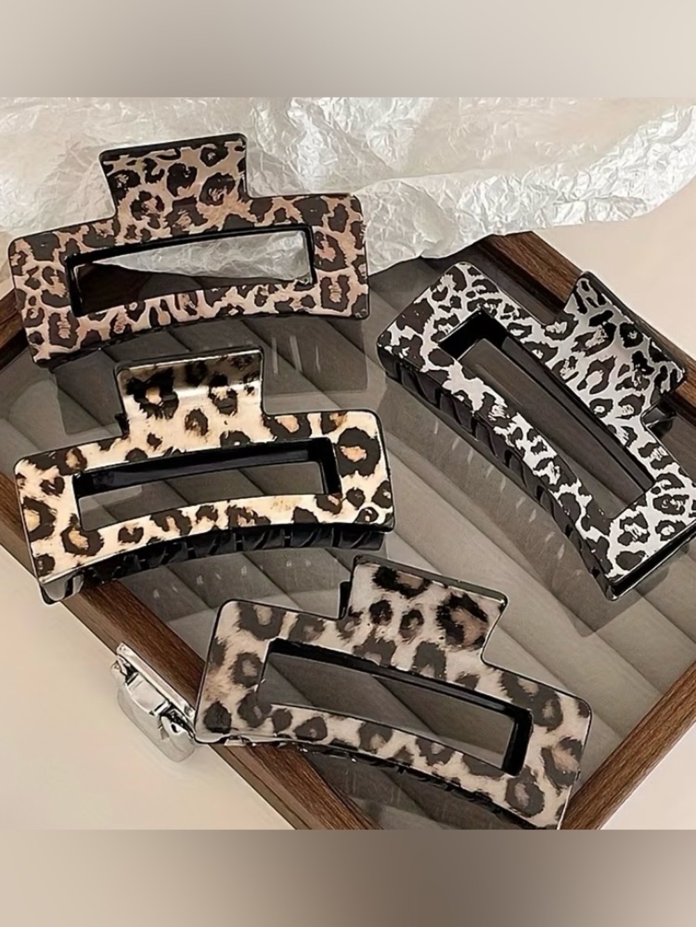 4 piece Leopard Print Rectangle Hair Claw Clip - Brown/Black